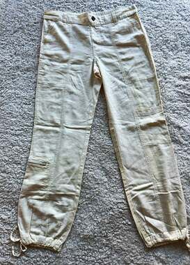 Sincerely Jules Ivory Linen Rayon Cargo Jogger Pants Elastic Waist Pockets S